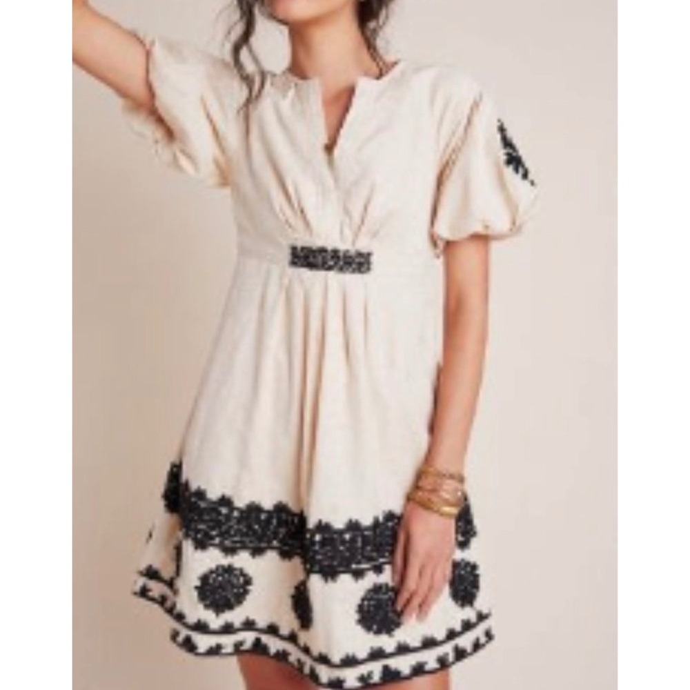 Anthropologie Orla Embroidered Mini Dress 6 Beige/Black Puff Sleeve Peasant NEW